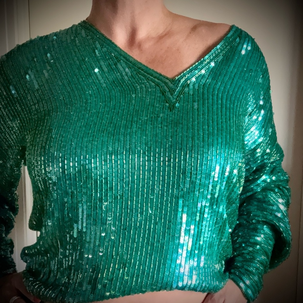 Green Sequin and Silk V-Neck Top